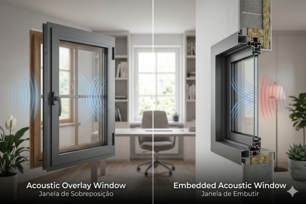 Renderização arquitetônica premium comparando dois sistemas de janelas acústicas em um home office moderno. A imagem é dividida ao meio. Do lado esquerdo, é exibido o sistema de sobreposição (retrofit), com um perfil robusto de alumínio cinza-grafite instalado sobre uma estrutura já existente, destacando as vedações periféricas.