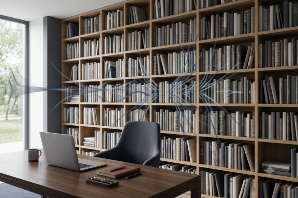 Fotografia editorial em plano médio de uma estante de livros de madeira maciça instalada do chão ao teto, cobrindo uma parede inteira de um home office sofisticado. Linhas gráficas translúcidas em tons de azul e cinza representam ondas sonoras que atingem os livros dispostos de forma irregular, sendo fragmentadas e dispersas em múltiplas direções para ilustrar o conceito de difusão acústica. Em primeiro plano, uma mesa de trabalho organizada com notebook e cadeira cinza executivo aparece sob iluminação natural suave. Sem figuras humanas.