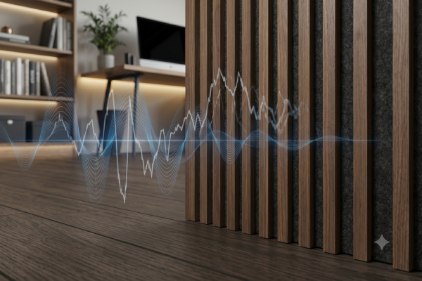Detalhe técnico de painel ripado de madeira acústico com manta de feltro de alta densidade integrada para tratamento sonoro no blog Ativo10."
