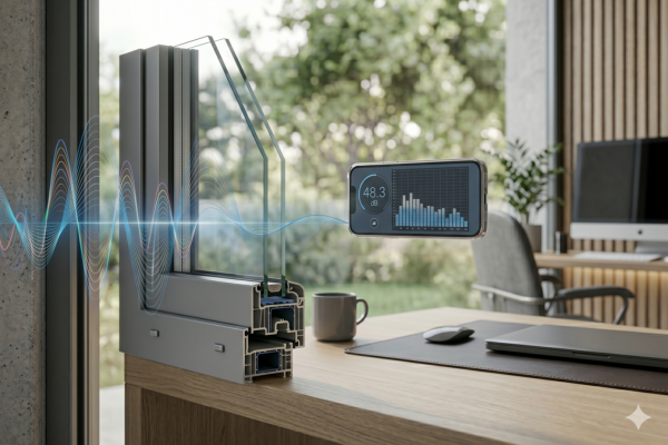 Corte técnico de esquadria antirruído com alto índice STC e smartphone realizando validação de decibéis em home office no Ativo10.