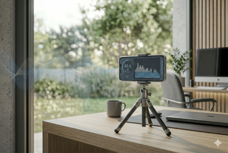 Smartphone em tripé realizando medição digital de decibéis e análise de frequências para validação acústica residencial no blog Ativo10