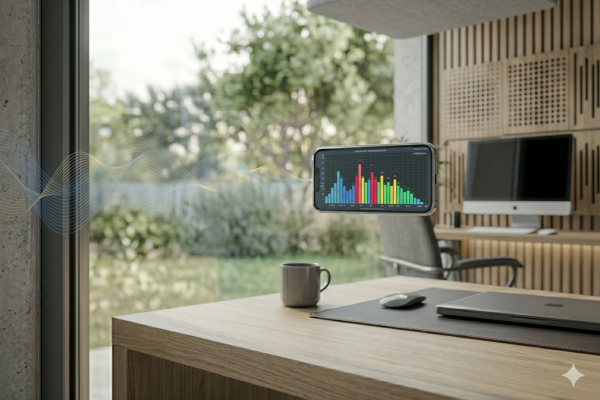 Smartphone exibindo gráfico de frequências sonoras RTA para análise e tratamento de eco em um home office no blog Ativo10