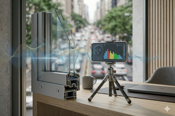 Smartphone em tripé realizando medição técnica de decibéis e validação de ruído urbano para proteção legal e acústica no blog Ativo10