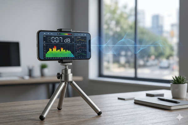 Smartphone em tripé realizando medição técnica de decibéis e validação sonora residencial no blog Ativo10
