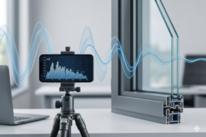 Smartphone em tripé realizando validação de decibéis e medição técnica de isolamento acústico em home office no Ativo10