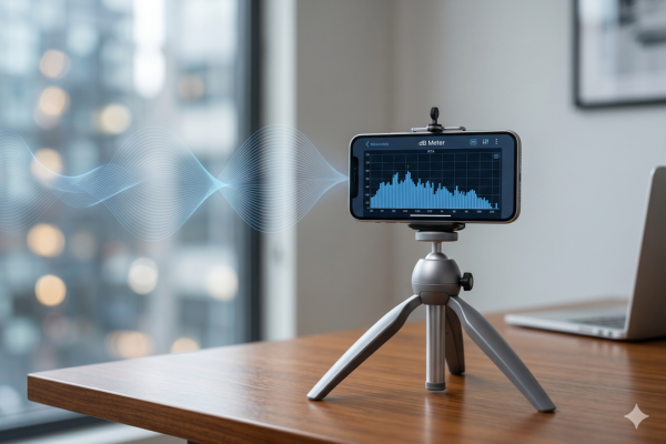 Smartphone em tripé realizando medição técnica de decibéis e validação sonora residencial no blog Ativo10.