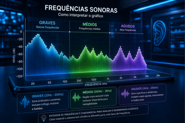 Gráfico técnico de frequências sonoras mostrando a distribuição entre graves, médios e agudos em análises acústicas.