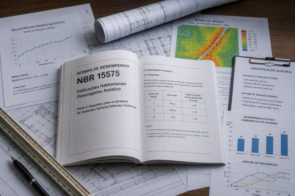 Documentação técnica relacionada à Norma NBR 15575 para avaliação do desempenho acústico em edificações.