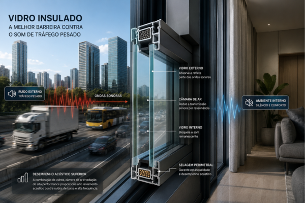Estrutura de vidro insulado com câmara de ar utilizada para reduzir ruídos de tráfego intenso.