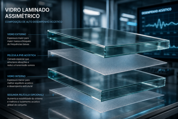 Composição técnica de vidro laminado assimétrico com película PVB para isolamento acústico superior.