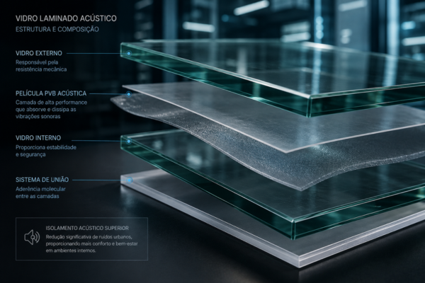 Estrutura interna de vidro laminado acústico utilizada para isolamento de ruídos urbanos.