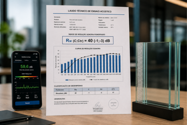 Laudo técnico de desempenho acústico com índice Rw, classificação STC e gráfico de frequências sonoras.