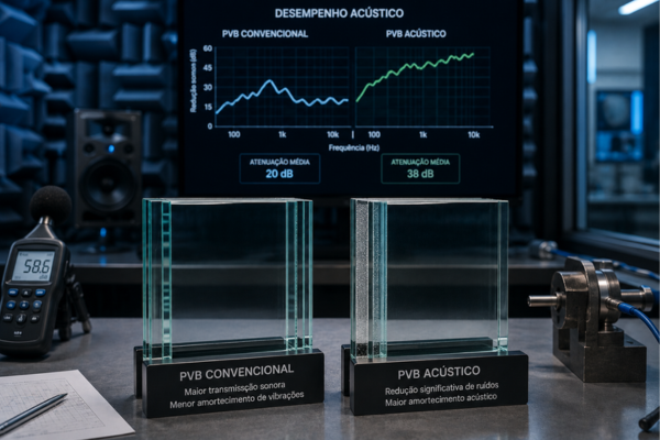 Comparação entre vidro laminado com PVB acústico e PVB convencional em ensaio de desempenho acústico.