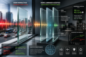 Comparação entre vidro monolítico e vidro laminado acústico com camada PVB demonstrando a redução da transmissão sonora e o amortecimento de vibrações.