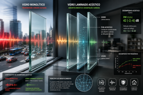 Comparação entre vidro monolítico e vidro laminado acústico com camada PVB demonstrando a redução da transmissão sonora e o amortecimento de vibrações.